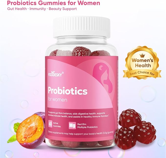 Probiotics for Women Gummies - Multiple Probiotics &amp Red Elm - Supports Gut Flora Feminine Health &amp Immune Function - 60 Active Daily Gummies (1PCS)