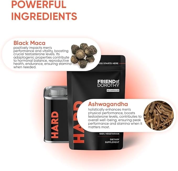 Hard Supplement for Men - Black Maca &amp Ashwagandha Root - Natural Performance Support - Enhances Energy Vitality Hormonal Balance - (60 Capsules/Pouch)
