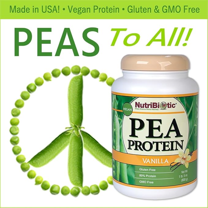 NutriBiotic Pea Protein Vanilla 21 Oz | Low Carb Vegan Plant Protein Powder | 100% Grown &amp Processed in the USA | Deliciously Creamy &amp BCAA-Rich | Made without Chemicals GMOs &amp Gluten | K