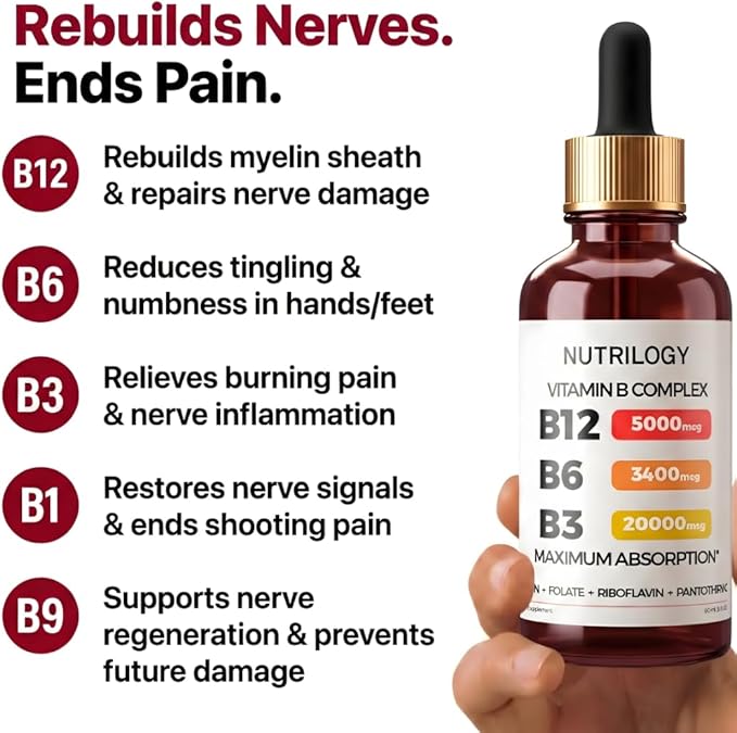 Vitamin B Complex for Men &amp Women - Riboflavin B2 B3 B5 B6 B12 | B-Complex Supplement - Nerve Pain Energy Brain &amp Heart Support - Made in USA 60 Servings