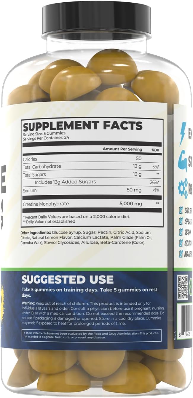 Creatine Gummies | Gummy Creatine Chewables for Men &amp Women | 5g per Serving | Gluten Free &amp Vegan | 120 Gummies 24 Servings (Lemon Drop)