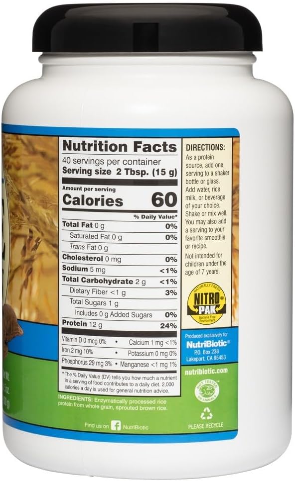 NutriBiotic – Plain Rice Protein 1 Lb 5 oz (600g) - Low Carb Keto-Friendly Vegan Raw Protein Powder - Grown &amp Processed Without Chemicals GMOs or Gluten - Easy to Digest &amp Nutrient-Rich