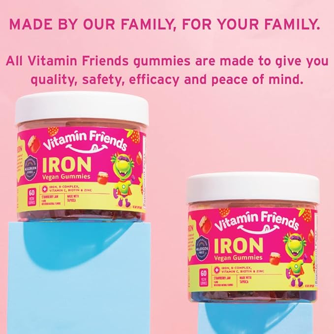 Vitamin Friends - Vegan Multivitamin &amp Iron for Kids - Daily Nutritional Support Gummies w/Ferrous Fumarate B-Complex Vitamin C Zinc Biotin - Body Function &amp Anemia - Strawberry Jam(60 Day