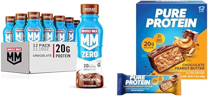 Muscle Milk Zero Protein Shake Chocolate 20g Protein Zero Sugar 100 Calorie 12 Pack and Pure Protein Chocolate Peanut Butter Bars 20g Protein Gluten Free 1.76oz 12 Count