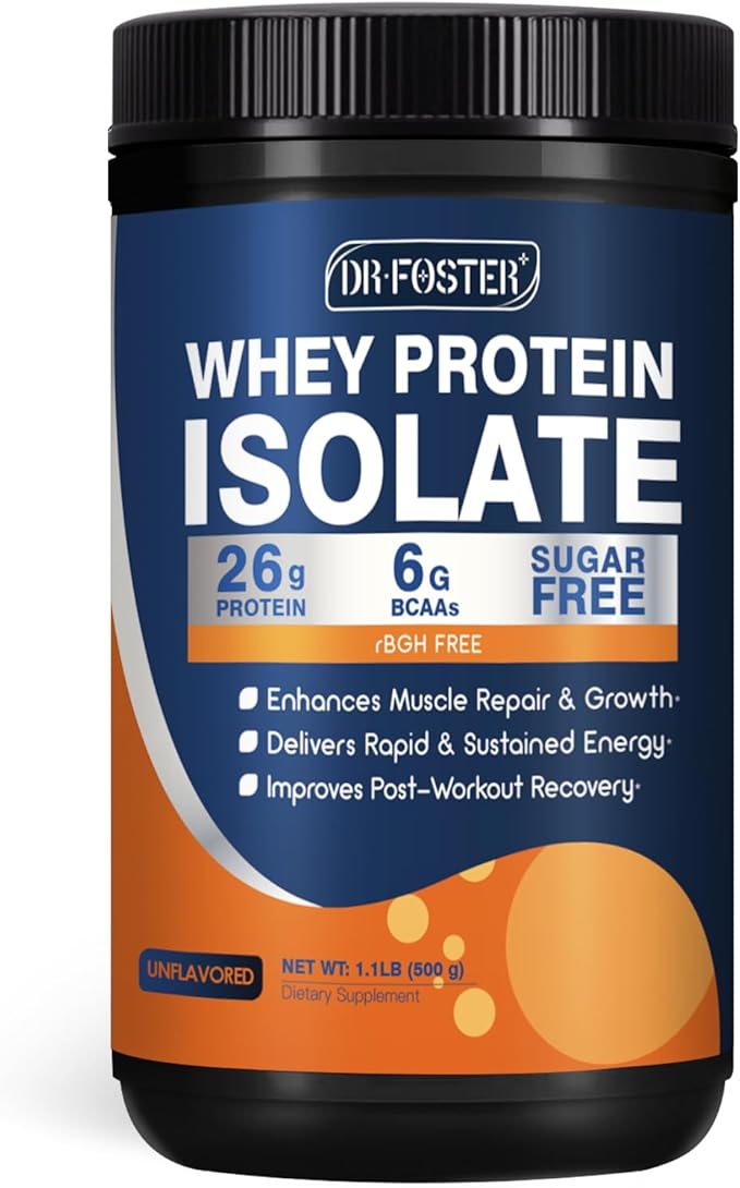 DRFOSTER Whey Protein Powder Isolate - Unflavored Grass-Fed 26g Protein &amp 6g BCAAs for Muscle Growth &amp Recovery Sugar Free &amp Keto Friendly 1.1LB 16 Servings
