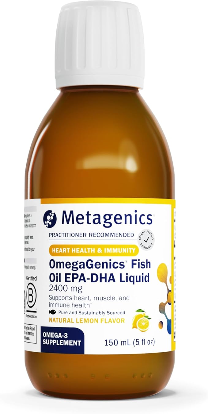 Metagenics OmegaGenics EPA-DHA 2400 mg - High Potency Liquid Fish Oil Supplement for Heart Health &amp Immune Support* - Sustainably Sourced - Lemon Flavor - Non-GMO &amp Gluten-Free - 30 Servings