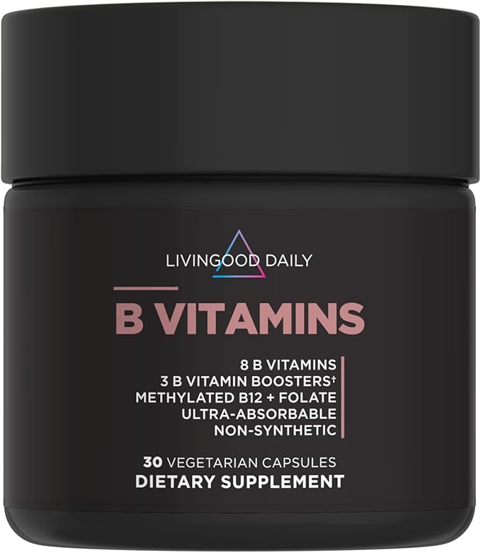 Livingood Daily Vitamin B Complex Capsules for Men and Women Methylated B12 &amp Folate 11 Active Forms Including B1 B2 B3 B5 B6 &amp Biotin Gluten Free Vegan B Vitamins for Hair Skin Nails 30