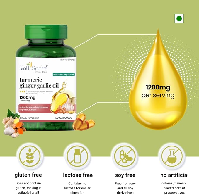 VOLL Sante 3 in 1 Turmeric Ginger Garlic Oil Capsule—1200 mg Per Serving | HPMC Plant-Based Capsule | Ayurvedic Dietary Supplement | Non-GMO | 120 Veg Capsules
