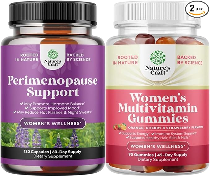 Bundle of Perimenopause Supplement with Maca Root Vitex Berry Black Cohosh for Hot Flashes Night Sweats Hormone Balance &amp Mood and Delicious Daily Women's Multivitamin Gummies for Energy and Immun