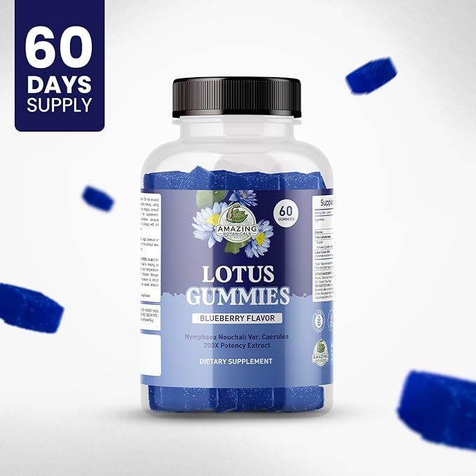 Amazing Botanicals Blueberry Lotus Flowers Gummies – Premium Relaxation &amp Calm Support – Vegan Non-GMO Gluten-Free Herbal Supplement 250MG - Berry Flavor (60 Count)