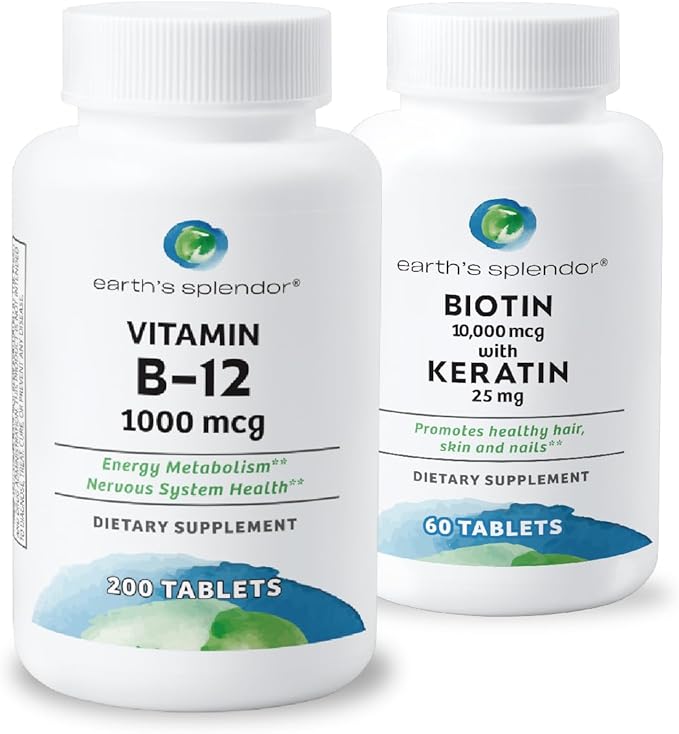 Earth's Splendor Energy &amp Hair Support: Vitamin B12 (200 Tablets) + Biotin 10000 mcg &amp Keratin 25mg (60-Day Supply) - Boosts Energy Hair Nails &amp Skin - No Artificial Colors Gluten Free