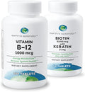 Earth's Splendor Energy &amp Hair Support: Vitamin B12 (200 Tablets) + Biotin 10000 mcg &amp Keratin 25mg (60-Day Supply) - Boosts Energy Hair Nails &amp Skin - No Artificial Colors Gluten Free