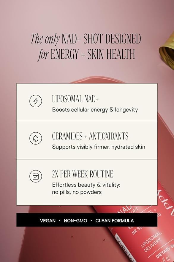 Happy Aging Liquid NAD+ Resveratrol Supplement NMN Alternative Liposomal Nicotinamide Riboside &amp Antioxidants for Energy Support Brain Health Firm Skin Twice Weekly Use 60 Shots