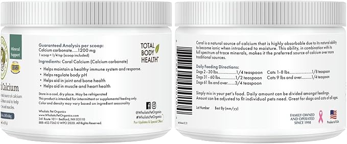 Wholistic Pet Organics Pure Powder Calcium for Dogs and Cats - Supports Strong Bones Teeth &amp Muscles - Sea Coral Cat and Dog Calcium Supplement with 72 Trace Minerals - Pet Food Topper - 60 Scoop