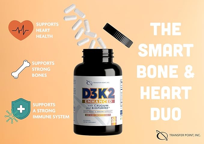 D3K2 Enhanced with Calcium &amp BioPerine® - 5000 IU Vitamin D3 + 100 mcg Vitamin K2 MK-7 - Once-Daily Formula 60 Capsules