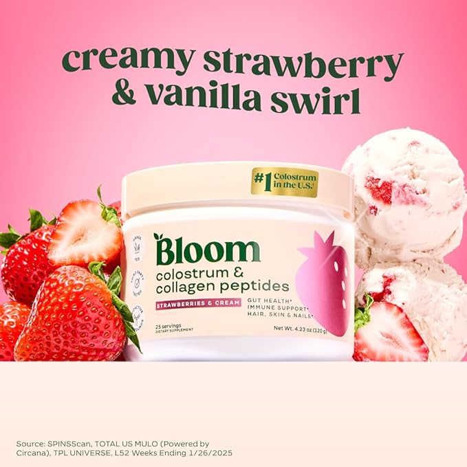 Bloom Nutrition Bovine Colostrum Powder with Vitamin B-12 for Gut Health Immune Support Hair Growth &amp Beauty Supplement | Strawberry 25 Servings