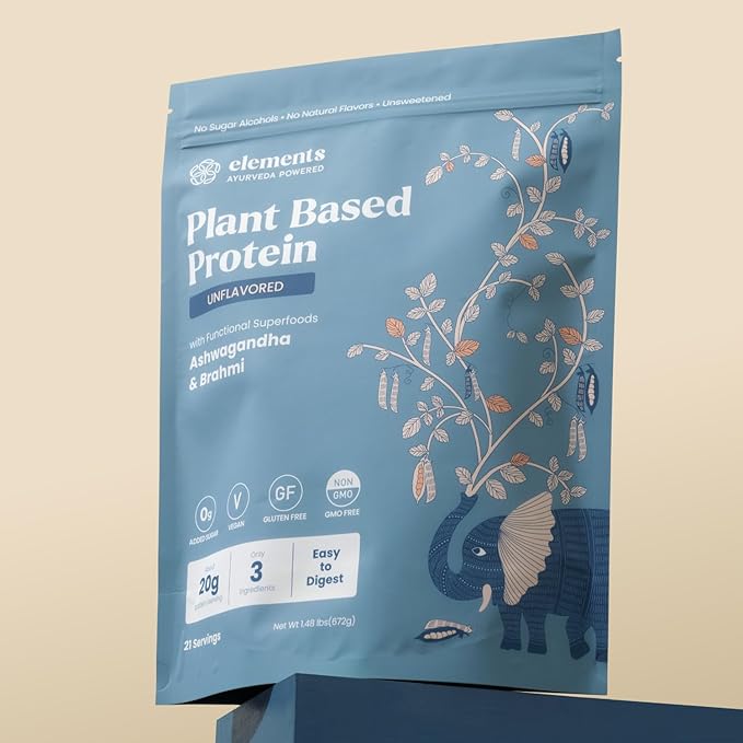 Elements unflavored Plant Based Protein Powder 567g | Vegan Gluten Free &amp No Added Sugar | 20g Easy to Digest Protein | Enriched with Organic Ashwagandha &amp Brahmi | Ideal for 21 Servings