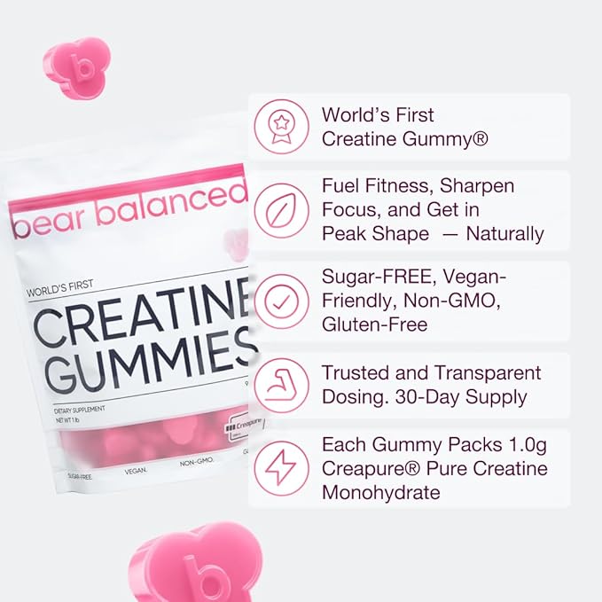 Bear Balanced Creatine Gummies for Men &amp Women - Creapure® Creatine Monohydrate L-Theanine L-Tyrosine &amp B12 for Muscle Growth Strength Focus Energy &amp Health - Low Calorie Sugar-Free