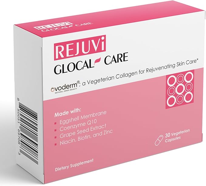 GlocalCare Rejuvi Collagen Booster – 300mg Ovoderm Vegetarian Collagen for Skin Elasticity Firmness &amp Joint Support – Biotin Grape Seed Extract CoQ10 - (30 Capsules)