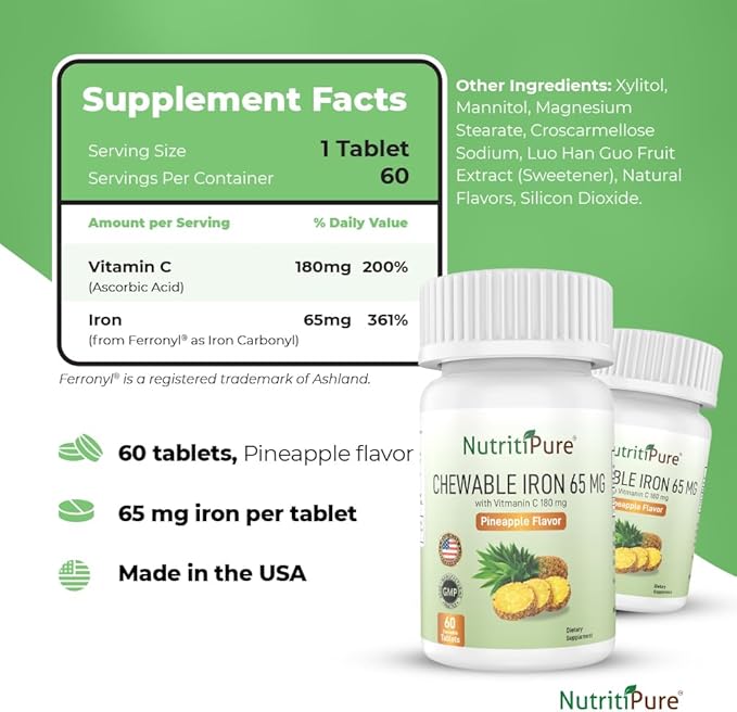 Chewable Iron 65 mg with Vitamin C 180 mg - Tablet in Pineapple Flavor 60 Count (2)