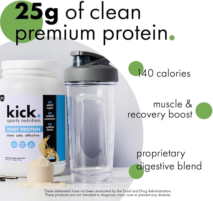 Kick Whey Protein Powder Vanilla Flavor 25 G Protein Gluten Free Workout Supplement With Amino Acids to Support Fitness Goals &amp Digestive Wellness No Added Sugar No Artificial Flavor 16 Serv