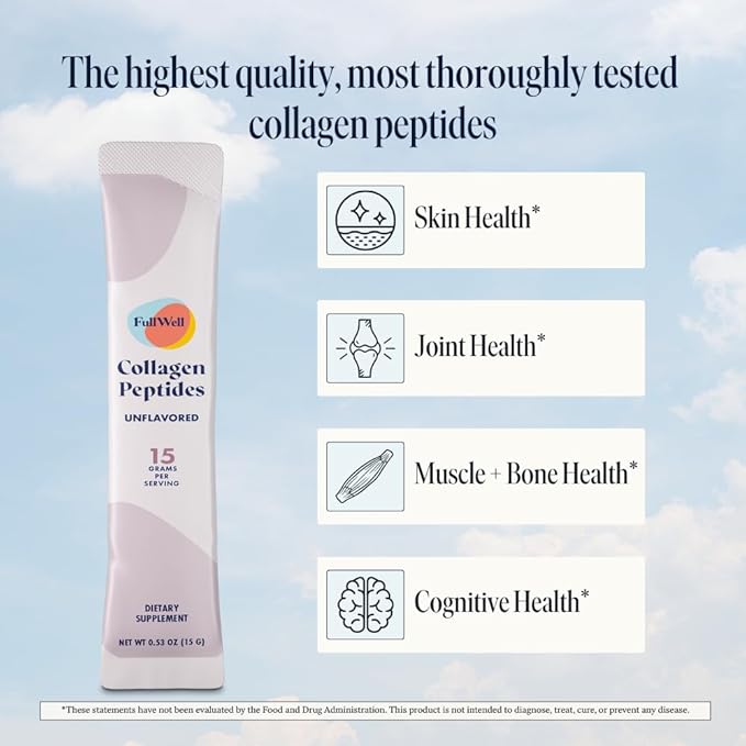 FullWell Unflavored Collagen Peptides Powder Stick Packs - Portable Grass-Fed Bovine Collagen for Skin Health - Tissue Elasticity Support - Pregnancy &amp Breastfeeding-Safe - 30 Count (30 Servings)