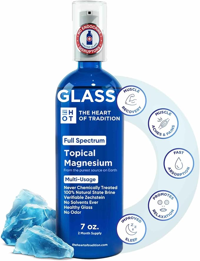 Topical Magnesium Oil Spray Glass Bottle from Ancient Zechstein Sea and Trace Mineral 7 floz - Transdermal Pure Magnesium Spray Oil for Feet Muscle Relaxation Leg Cramps Sleep and Overall Health