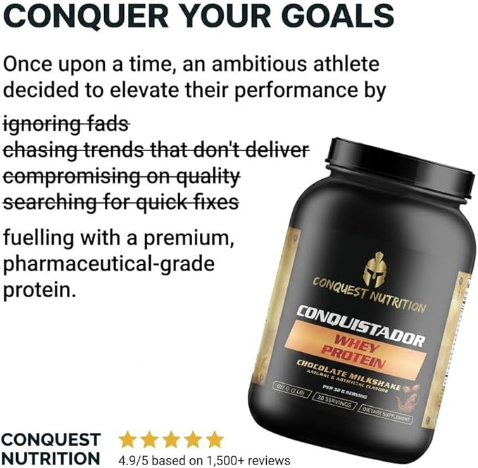 Conquistador Premium Whey Protein Powder – Chocolate Milkshake Flavor 25 gm Digestive Enzyme Blend 5.1g BCAA’s 0g Added Sugar Supports Muscle Recovery - 28 Servings