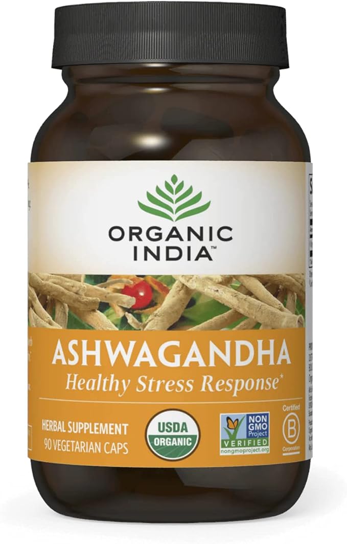 ORGANIC INDIA Ashwagandha Capsules - Organic Ashwagandha Supplement - Vegan Ashwagandha Root Gluten-Free Kosher Non-GMO Supports Stress Relief Energy and Sleep - 90 Capsules