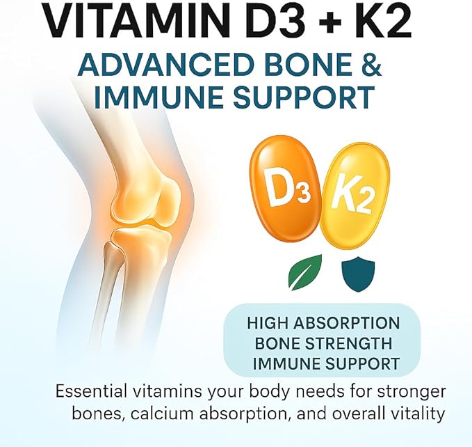 Vitamin D3 5000 IU – Enhanced Bone Heart &amp Immune Support – Supports Calcium Absorption Clean &amp Trusted Formula for Daily Wellness + Vitamin K2 (MK-7) 100 mcg – 120 Capsules