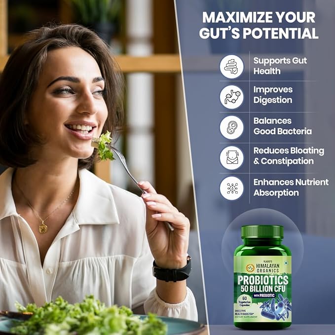HIMALAYAN ORGANICS Organics Probiotics Supplement 50 Billion CFU 150mg with Prebiotics | 10X Better Digestion Gut Health and Immunity Support | Non-GMO Gluten-Free - 60 Vegetarian Capsules