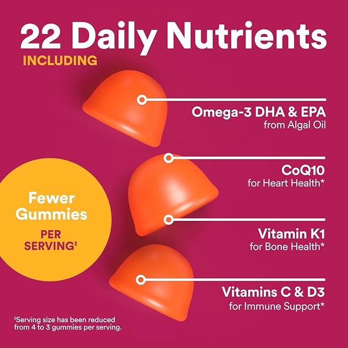 SmartyPants Multivitamin Gummy for Women 50 and Over Omega 3 (DHA/EPA) Methylfolate CoQ10 Vitamin D3 C Vitamin B12 B6 A K Biotin Gluten Free 90 Count (30 Day Supply)