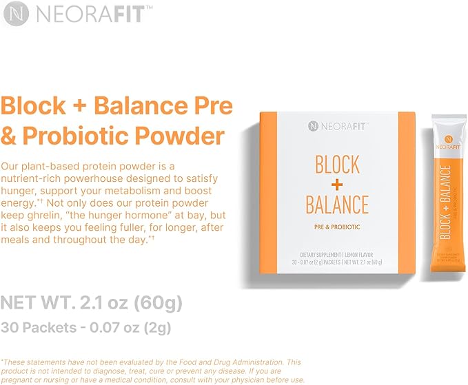 NeoraFit - Block+Balance Pre and Probiotic Powder - Daily Use Craving Support Vitamin C &amp B Blend Convenient Stick Packs - 30 Count