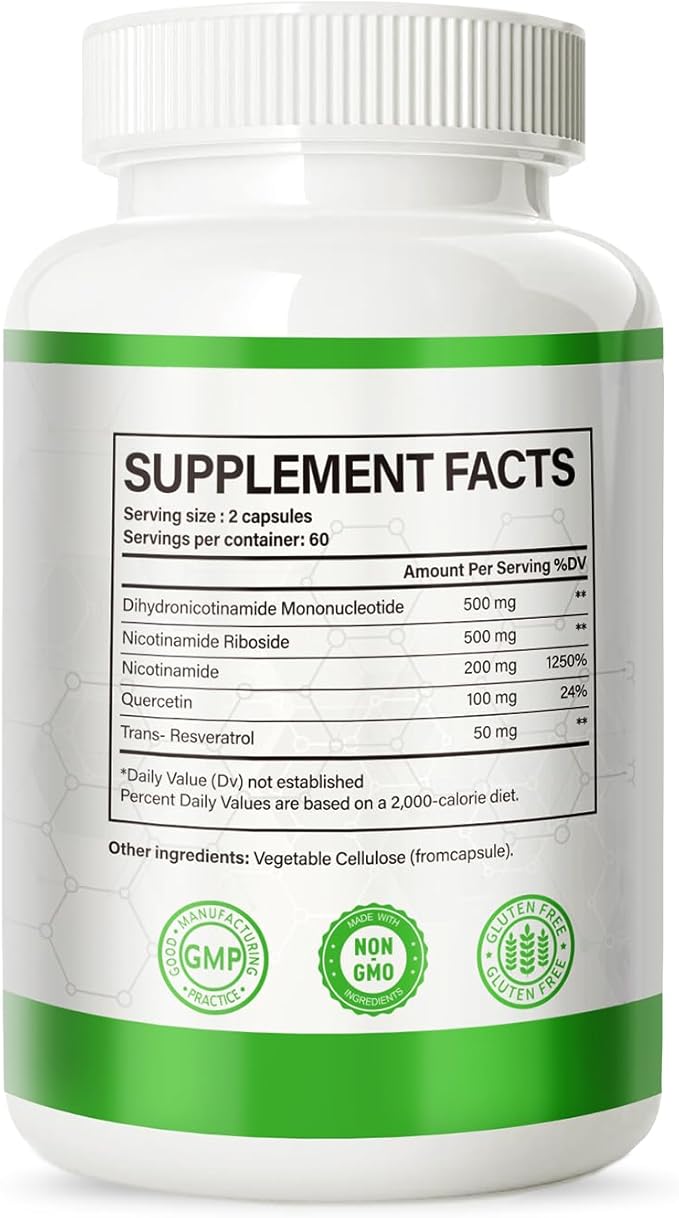 NMNH (Dihydronicotinamide Mononucleotide) NMN Alternative Supplement w/Niacinamide (Vitamin B3) Quercetin Trans-Resveratrol Support NAD+ Skin Cell Health* Anti-Aging &amp Energy 120 Caps