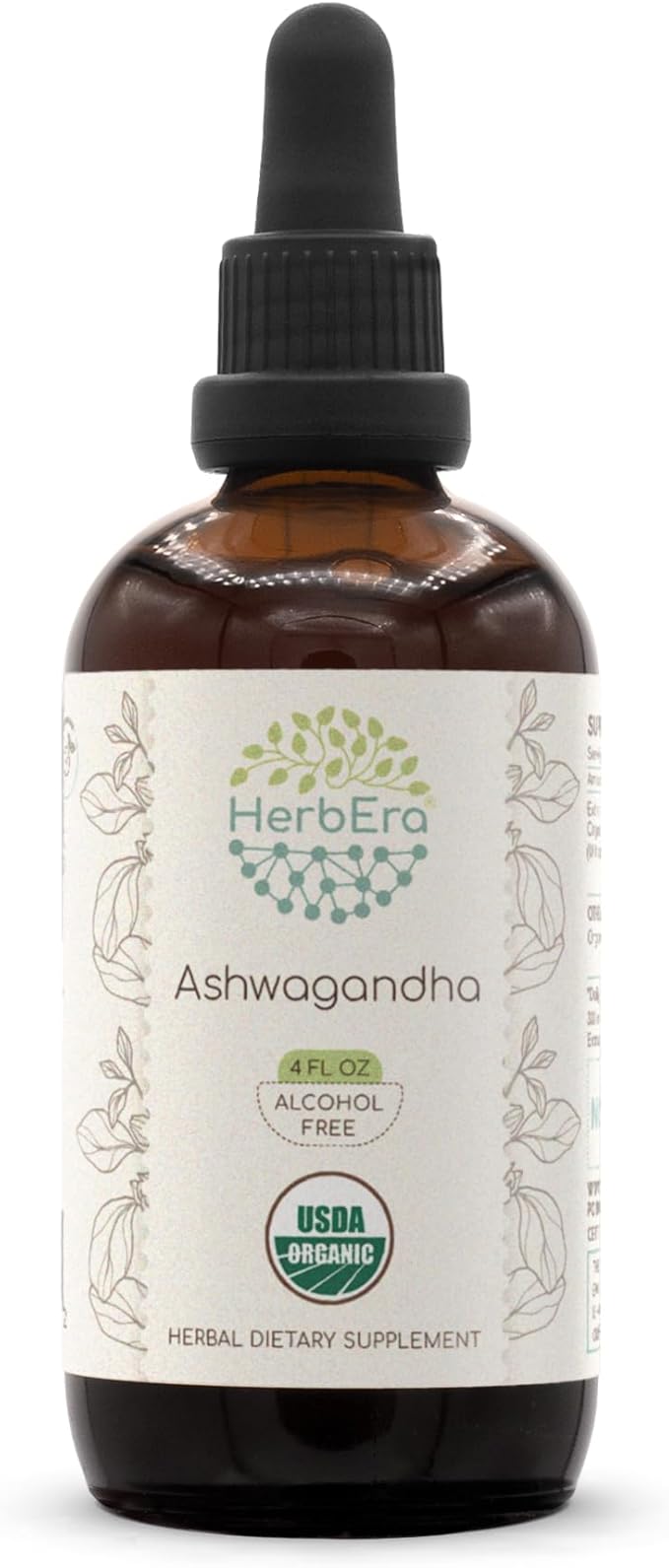 HerbEra Ashwagandha B120 USDA Organic Tincture | Alcohol-Free Extract High-Potency Herbal Drops | Certified Organic Ashwagandha (Withania Somnifera) Dried Root (4 oz)