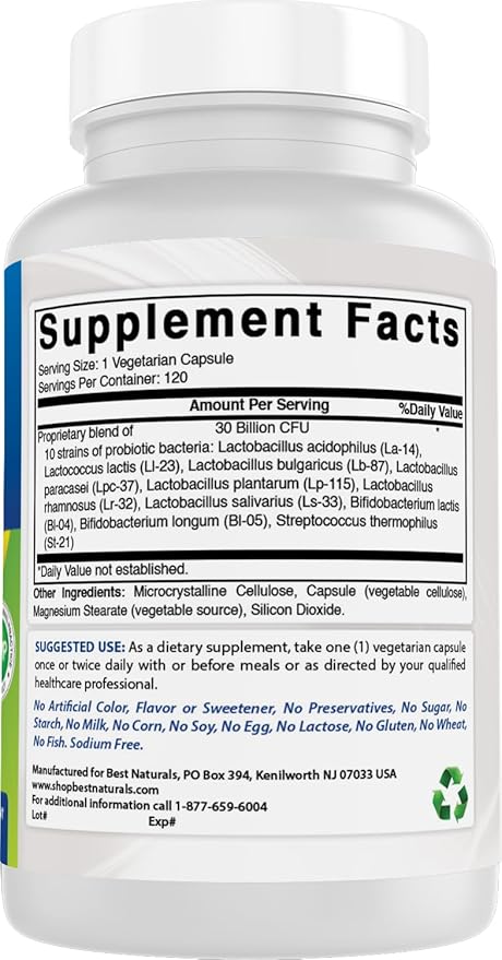 Best Naturals Probiotic 10 Strains &amp 30 Billion CFU Intestinal Flora 120 Veggie Capsules - Shelf Stable probiotic (4146365)