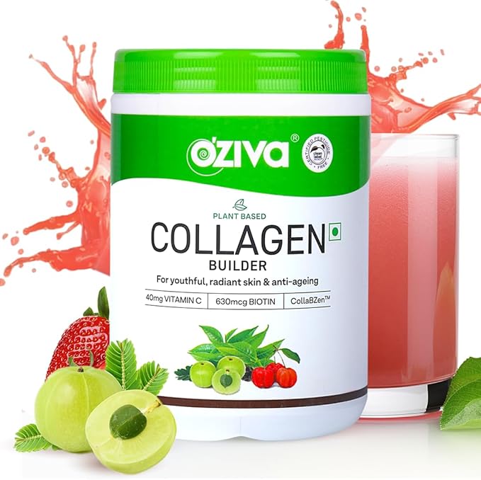 OZIVA Plant Based Collagen Builder with Biotin &amp Silica Acai Berry Bamboo Shoot Sea Buckthorn for Anti Aging Beauty 0.55 lbs 100% Natural &amp Vegan Friendly (8.81 oz)