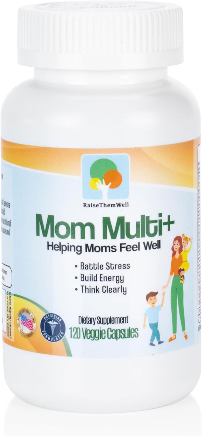 Raise Them Well Mom Multi+ Daily Multivitamin for Women with Active Folate Adaptogens &amp Bacopa Energy Stress &amp Cognitive Support 120 Veggie Capsules