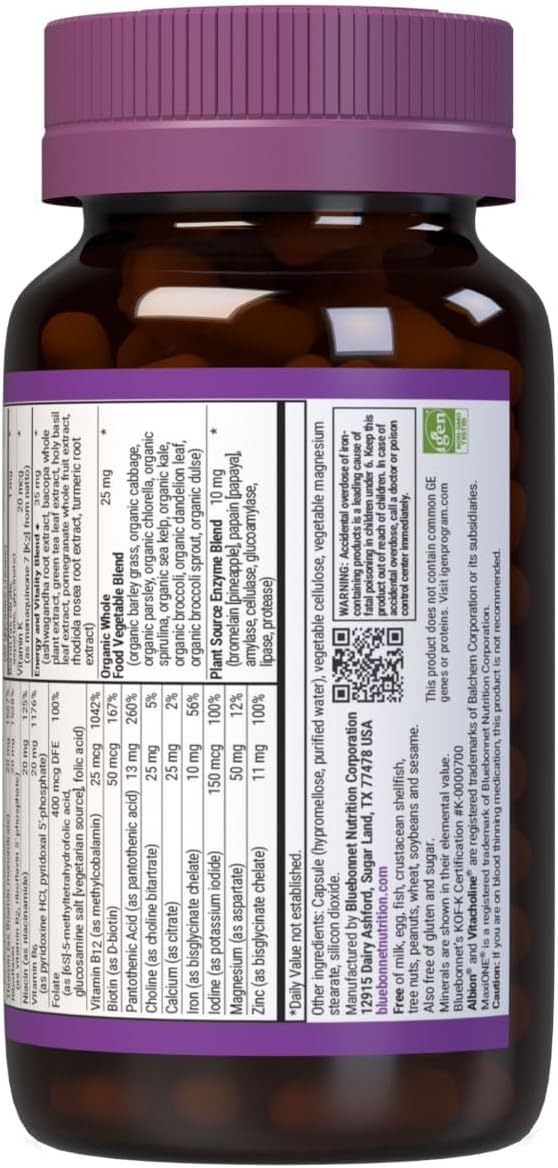Bluebonnet Nutrition Maxi One (with Iron) Whole Food Multiple Enzymes Energy Vitality Gluten-Free Kosher Dairy-Free Vegetarian Friendly Soy-Free Non-GMO 90 Vegetable Capsule 3 Month Supply
