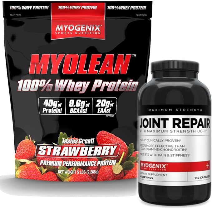 Myogenix Joint &amp Tissue Supplement &amp Myolean Strawberry Whey Protein – Recovery &amp Performance Bundle – UC-II Collagen MSM and 40g High-Protein Whey for Muscle &amp Joint Support