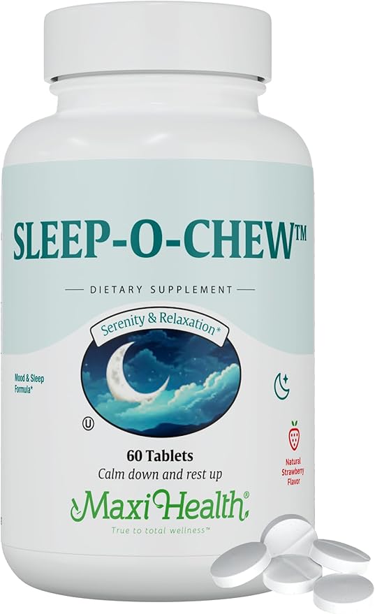 Maxi Health Sleep-O-Chew Strawberry Chewable Tablets with Magnesium Inositol L-Tryptophan 3mg Melatonin for Sleep Support - Non Habit Forming Sleep Aid for Adults Kosher Sleep Supplement 60 Count
