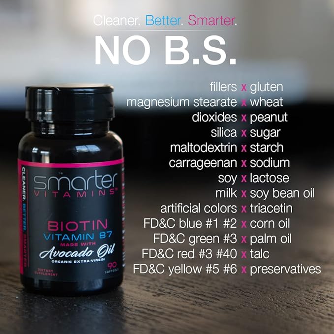 Smarter Biotin 5000mcg in Avocado Oil Vitamin B7 Hair Skin &amp Nail Support Non-GMO 90 Mini Liquid Softgels No Soy