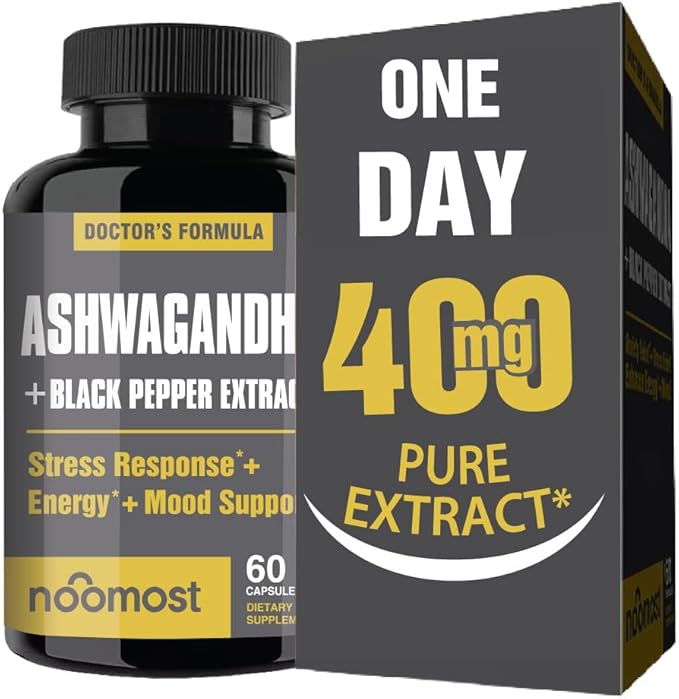 NooMost Ashwagandha Root Extract 15:1 with Black Pepper for Better Absorption - 60 Capsules - Natural Stress Energy Focus &amp Sleep Support - Adaptogen Supplement for Men &amp Women - Made in USA