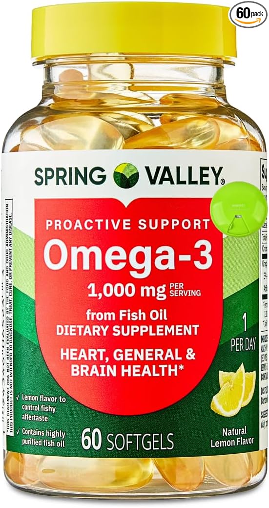 SUREFECT Spring Valley Proactive Support Omega-3 Fish Oil Dietary Supplement Softgels for Heart/General/Brain Health 1000 mg 60 Count Organizer.