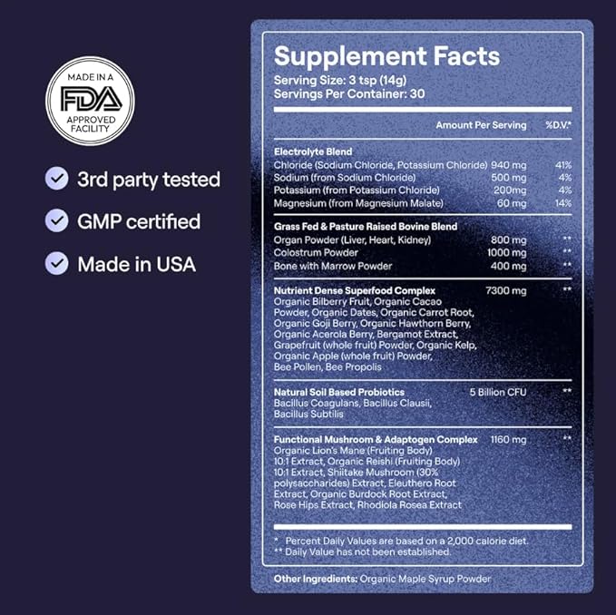 Super Complex - Daily Premium Blend with Vitamins for Women &amp Men with Organic Fruits Adaptogens &amp Electrolytes Multivitamin &amp Beef Organ Supplement (30 Servings - Scoop NOT Included) UN