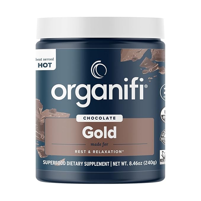 Organifi - Gold Chocolate - Superfood Supplement Powder - 20 Day Supply - Supports Restful Sleep Immune Health and Recovery - Cocoa Organic Turmeric and Reishi Mushroom Infused Golden Milk Drink Mix