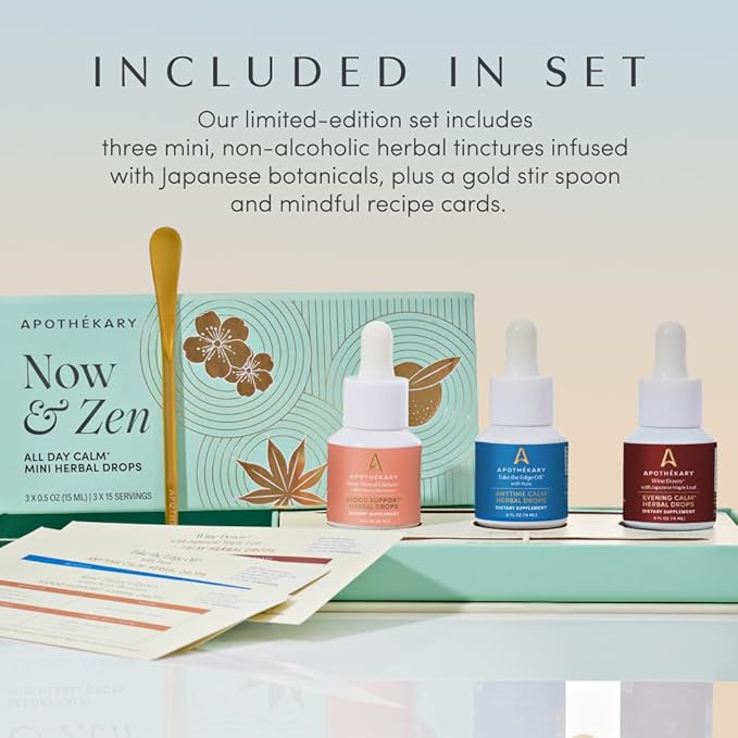 Apothékary Now &amp Zen Starter Set Mini Herbal Liquid Drops Take The Edge Off With Yuzu Rosé-Tinted Glasses with Cherry Blossom and Wine Down with Japanese Maple Leaf Non-Alcoholic 15ml Pack