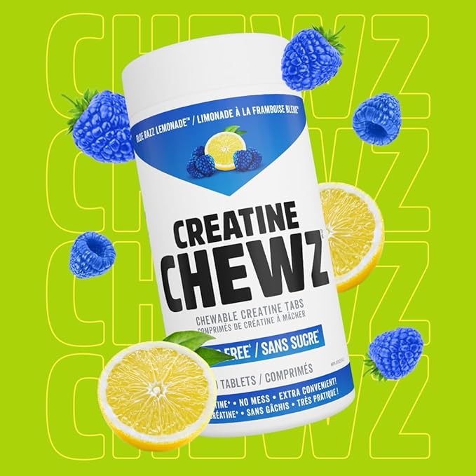 PVL Creatine Chewz – Sugar-Free Chewable Creatine Tablets for On-The-Go Use – 5g Creatine Monohydrate Per Day – Pre Workout &amp Post Workout Protein Support – 80 Tablets – Blue Razz Lemonade
