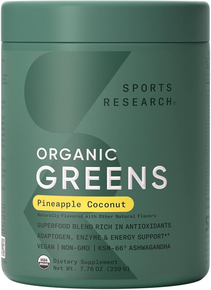 Sports Research® Organic Pineapple Coconut Greens - Digestive Health Natural Energy &amp Mood Support &amp Creatine Monohydrate &amp D3 5000iu with Vitamin K2 100mg