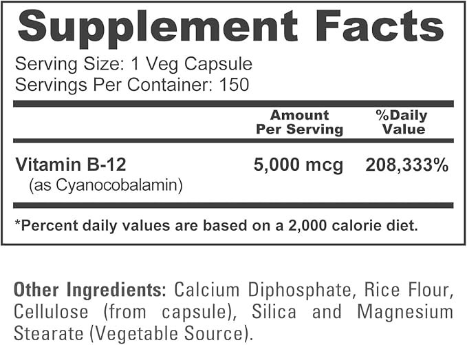 NusaPure Vitamin B12-5000 MCG 150 Veggie Capsules (Non-GMO Vegan) - Max Strength Vitamin B12